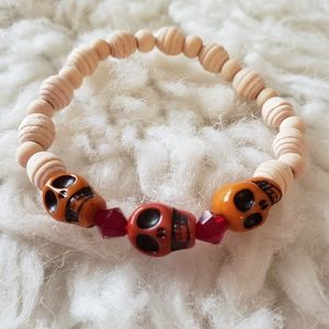 Red & Orange Skulls with Wooden Bead Bracelet